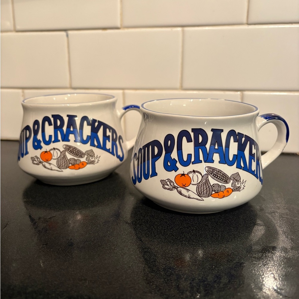 VTG 1970s Set of 2 Ceramic Soup & Crackers Bowls Mugs